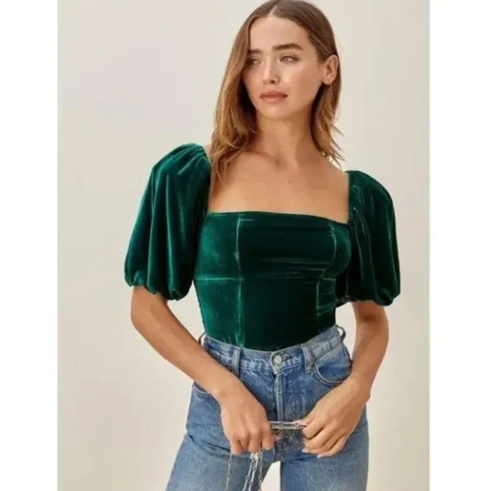 Reformation Luka Velvet Top Emerald Green Women's‎ Size 0 Puff Sleeves Cottage